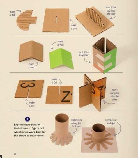 construction techniques from "Art Making with Moma" book Cardboard Sculpture Tutorial, Cardboard Construction Techniques, Planar Construction, Cardboard Techniques, Building Binder, Cardboard Engineering, Cardboard Template, Cardboard Construction, Art Classroom Management