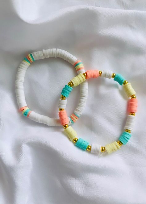 "Boardwalk Sunset" Clay Bead Bracelet Set  | eBay Bracket Making Ideas Beads, Clay Bead Aesthetic Ideas, Bracelet Pattern Ideas Beads, Good Bracelet Business Names, Preppy Beach Bracelets, Good Clay Bead Bracelet Ideas, Bead Bracelets Clay, Clay Bead Bracelet Ideas Lilo And Stitch, Bride Clay Bead Bracelet