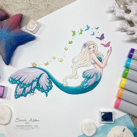 Sarah Alden Art on Instagram: “We’ll dream of a world where wings can dance underwater and where rainbows forever shine bright! Filling our imaginations with whimsical…” Butterfly Wing Tattoo, Mermaid Christmas Ornaments, Rainbow Drawing, Mermaid Room, Mermaid Christmas, Mermaid Drawings, Unicorns And Mermaids, Mermaid Pictures, Rainbow Butterfly