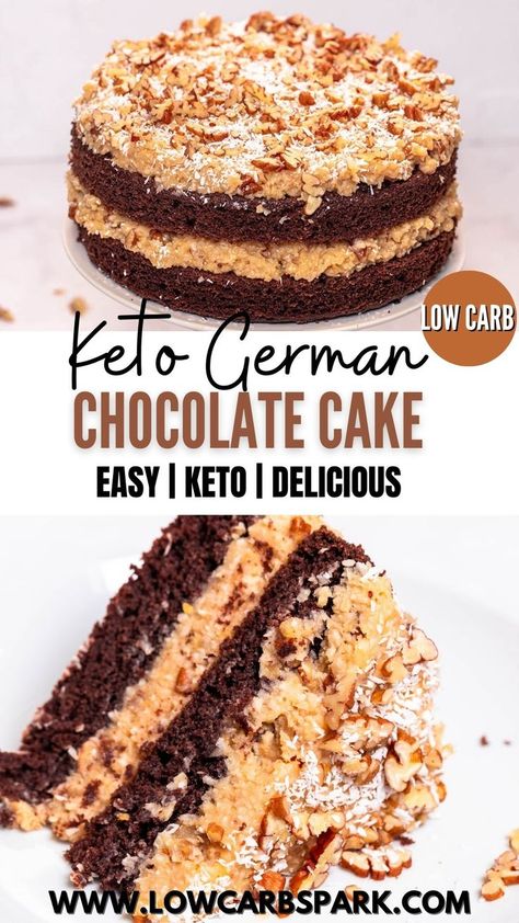 Almond Flour German Chocolate Cake, Keto Coconut Desserts, Keto German Chocolate Cake, Keto Roast, Sf Desserts, Keto Cake Recipes, Coconut Flour Cake, Chocolate Cake With Coconut, Low Carb Chocolate Cake