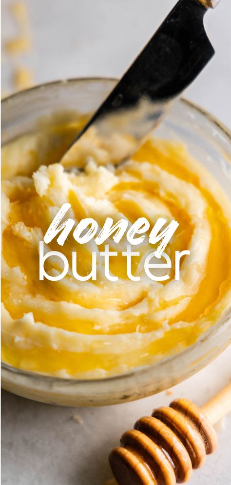 A close up view of a bowl of honey butter. Homemade Corn Muffins, Honey Cornbread Muffins, Homemade Honey Butter, Flavored Butter Recipes, Honey Butter Recipe, Strawberry Freezer Jam, Freezer Jam Recipes, Yogurt Parfaits, Honey Cornbread