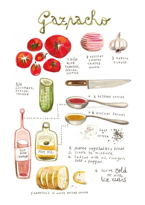 Artist Creates Exquisitely Illustrated Recipes from Around the World -- foo art like this for my apartment kitchen, also useful! maybe a diff recipe i use more often Soup Art, Yogurt Soup, Illustrated Recipes, Illustrated Recipe, Gazpacho Recipe, Recipe Drawing, Illustration Food, Spanish Food, Gazpacho