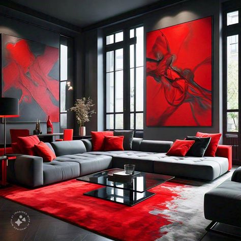 A contemporary living room with a red and grey color scheme strikes a perfect balance between bold and neutral. A large grey sectional sofa with red cushions, red abstract wall art, and a modern glass coffee table will create a stylish and sophisticated space. Red Black And Grey Living Room Ideas, Black White And Red Living Room, Red And Grey Living Room Ideas, Black And Red Living Room Ideas, Gray And Red Living Room, Black Red Living Room, Red And Black Living Room Ideas, Red And Black Living Room, Red And Gray Bathroom