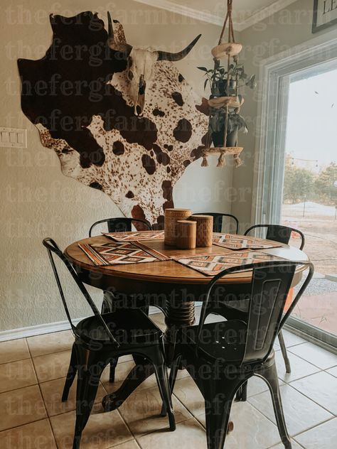 Cowhide decor. Faux cowhide. Skull. Aztec decor. Aztec home. Western home. Southwestern decor. Western Apartment Decor, Western House Ideas, Western Dining Room, Lighting Scandinavian, Western Living Room Decor, Bohemian Lighting, Western Kitchen Decor, Western Farmhouse, Western Living Room