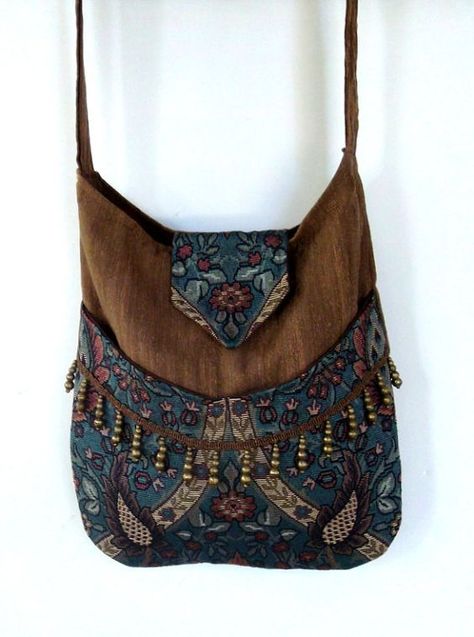 Medieval Bag, Boho Chic Bags, Large Tapestry, Bijoux Art Nouveau, Estilo Hippy, Bead Fringe, Brown Teal, Estilo Hippie, Tapestry Bag