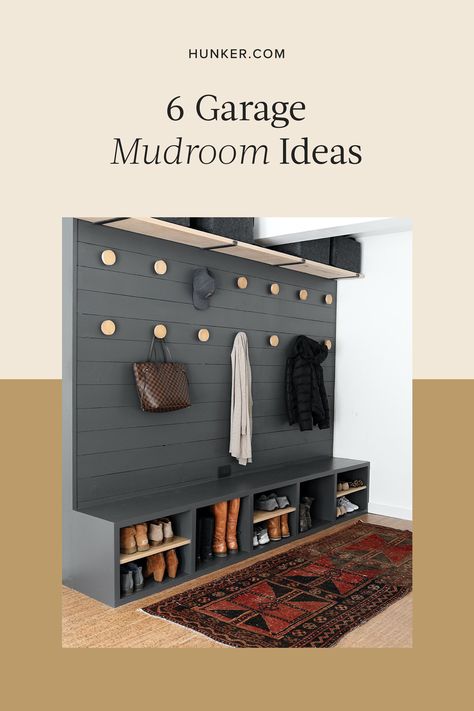 Garage Shoe Coat Storage, Garage Shoe Organization Ideas, Garage Entry Hallway Ideas, Garage Lockers With Bench, Garage Coat Storage, Garage Mud Rooms Ideas, Garage Into Mudroom, Garage Mud Room Ideas, Garage Bench And Shoe Storage