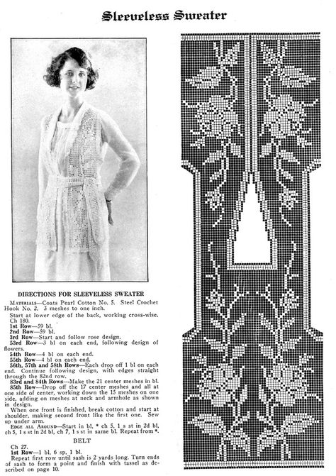 Sleeveless Sweater Filet Crochet Pattern - Vintage Crafts and More Victorian Shawl Crochet Pattern, Sleeveless Sweater Crochet, Filet Crochet Cardigan, Vintage Filet Crochet Patterns, Filet Crochet Blouse, Crochet Fillet Pattern, Vintage Filet Crochet Charts, Filet Crochet Sweater, Filet Crochet Clothes