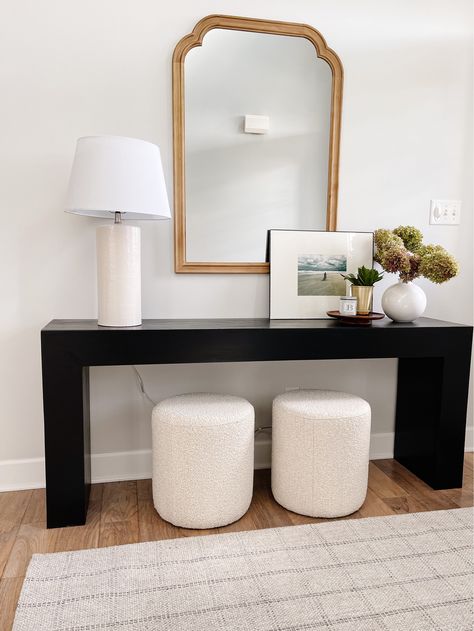 Entryway Ottoman Ideas, Ottoman Console Table, Ottoman Entryway Ideas, Modern Entryway Bench Ideas, Entry Bench Decor Entryway, Ubud Console, Black Console Table Entryway, Mid Century Entryway Ideas, Black Entryway Table