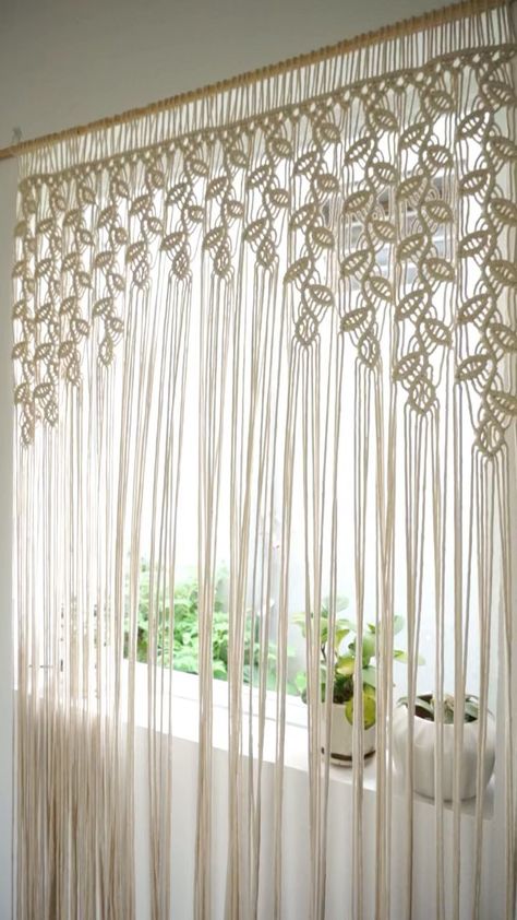 lahacorner on Instagram: It's such a dreamy & peaceful feeling to think about how the curtain move with the wind flow. Just a simple leaf curtain for your corner… Knitted Curtains, Crochet Door Hanging, Macrame Curtain Diy, Door Curtains Diy, Macrame Window Curtain, Valance Patterns, Macrame Curtains, Macrame Door Curtain, Crochet Curtain Pattern