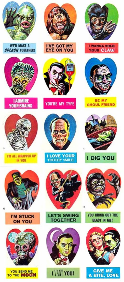 Vintage Monster Valentines Universal Monsters Aesthetic, Horror Valentines, Weird Valentines, Halloween Valentines, Bubble Gum Cards, Monster Valentines, Monster Stickers, Horror Monsters, Universal Monsters