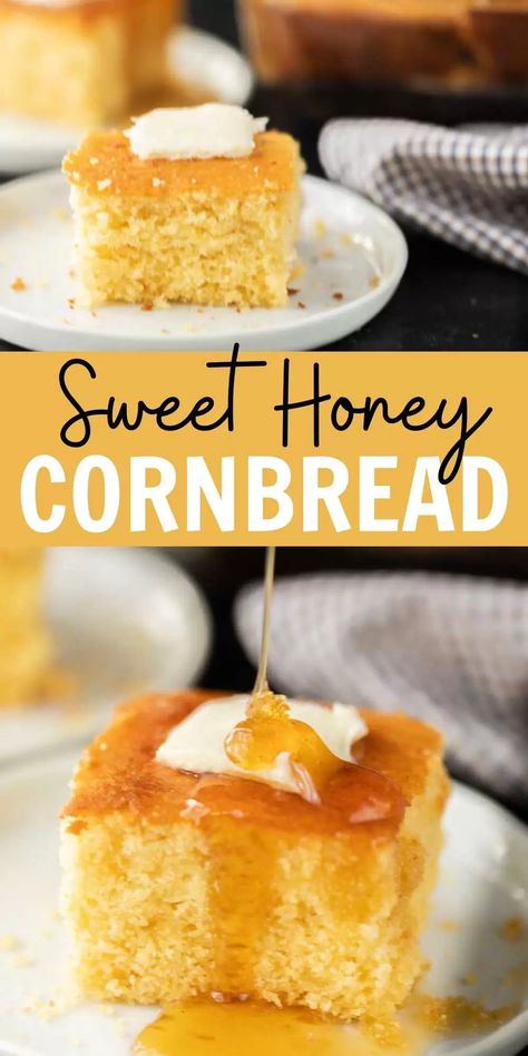 This is my favorite homemade sweet honey cornbread recipe! It's very moist, sweet and super easy to make too! Everyone will love this classic honey cornbread recipe. #eatingonadime #cornbreadrecipes #honeycornbread Buttery Cornbread Recipe, Baked Creamed Corn Casserole, Buttery Cornbread, Southern Cornbread Recipe, Easy Cornbread Recipe, Best Cornbread Recipe, Cream Corn Casserole, Honey Butter Recipe, Cornbread Recipe Sweet