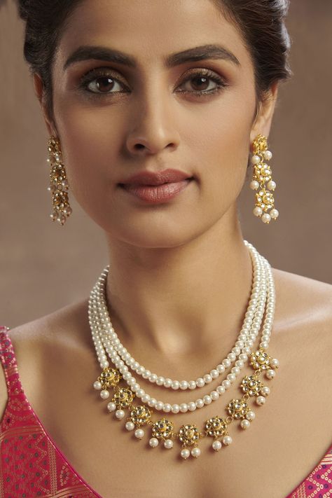 Shop these sparkling collection of Gold Plated Kundan Pearl Layered Necklace Set by Paisley Pop online at Aza Fashions. Paisley Pop Jewellery, Pearl Layered Necklace, Gold Jewelry Prom, Luxury Jewelry Store, Jewelry Necklace Simple, Neck Pieces Jewelry, Bridal Jewels, Layered Pearl Necklace, Choker Necklace Designs