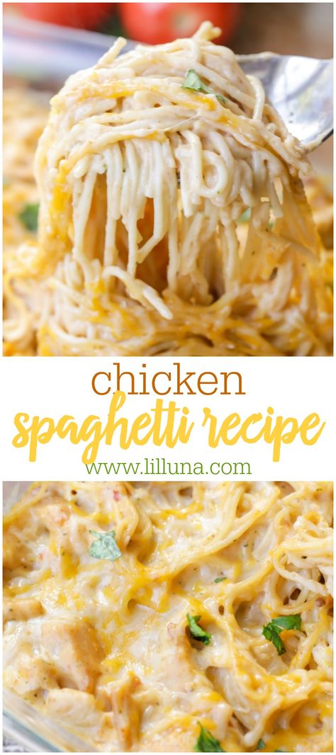 A new twist on your favorite pasta dinner! This easy recipe calls for chicken, spaghetti noodles, cream of chicken, salsa, sour cream and cheese, making it the epitome of comfort food. Everyone will love Chicken Spaghetti! Easy Dinner Recipes With Instructions, Cream Of Chicken Soup Recipes Pasta, Taco Chicken Spaghetti, What Can I Make With Spaghetti Noodles, What Can I Make With Cream Of Chicken, Spaghetti And Chicken Recipes Easy, Condensed Cream Of Chicken Soup Recipes, Chicken Cream Cheese Spaghetti, Canned Chicken Spaghetti Recipes