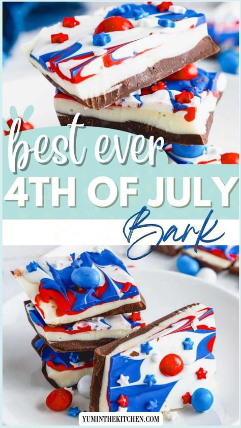 Try this red, white, and blue chocolate bark for a perfect 4th of July dessert! Easy to make and beautifully patriotic, this candy bark is ideal for any holiday gathering. Follow our simple recipe to create a delicious treat that will impress your guests and add a festive touch to your celebrations. Chocolate Bark Candy, 4th Of July Treats, Bark Candy, Delicious Holiday Desserts, Breakfast Sides Dishes, Patriotic Food, 4th Of July Cake, Candy Bark, 4th Of July Desserts