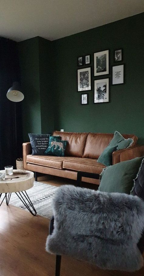 Dark Green And Oak Living Room, Loft Dark Interior, Office Forest Green, Living Room Forest Green, Green Industrial Living Room, Forest Green Accent Wall Living Rooms, Dark Green And Grey Living Room, Living Room Green Accent Wall, Dark Green Walls Living Room