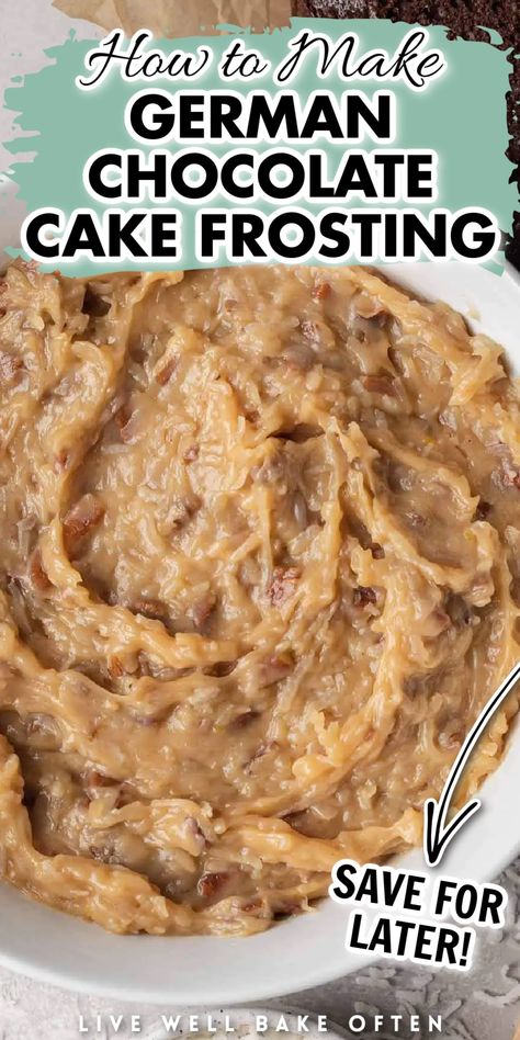 Best Ever German Chocolate Cake, German Chocolate Cake Recipe Homemade, German Frosting, Frostings For Chocolate Cake, German Chocolate Cakes, German Chocolate Cake From Scratch, German Chocolate Loaf Cake, German Cake Frosting, Pecan Frosting Recipe