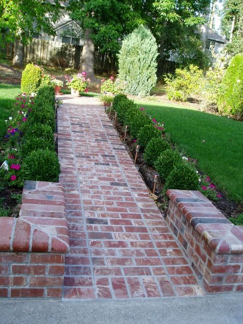 Paver Entryway Walkways, Brick Walkway Patterns, Brick Front Walkway, Tile Walkway Outdoor, Red Brick Walkway, Brick Front Walkway Entrance, Red Brick Paving Ideas, Walkway Landscaping Entryway, Brick Pavers Walkway