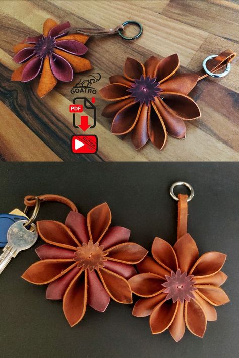 Leather Flower Patterns Templates, Leather Craft Projects Ideas, Leather Flower Pattern, Leather Crafts For Kids, Leather Products Ideas, Leather Craft Ideas, Diy Leather Flowers, Leather Card Wallet Pattern, Diy Bag Accessories