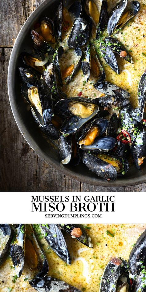 How To Clean Mussels, Best Mussels Recipe, Miso Broth, Mussels Recipe, Seafood Entrees, Dumplings Recipe, Shellfish Recipes, Spicy Dishes, Seafood Dinner