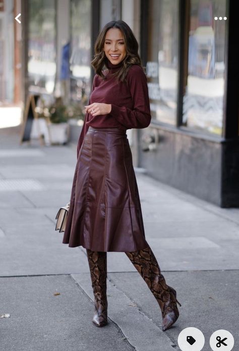 Burgundy Skirt Outfit Fall, Burgundy Skirt Outfit, Skirt Outfit Fall, Fall Workwear, Leather Skirt Outfit, Burgundy Outfit, Skirt Outfits Fall, Burgundy Skirt, Midi Skirt Outfit