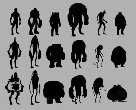 Sillouttes Concept Art, Character Sillouhette Design, Character Sillouhette, Character Silhouettes Concept, Black And White Concept Art, Silhouette Concept Art, Character Design Silhouette, Character Shapes, Character Silhouette