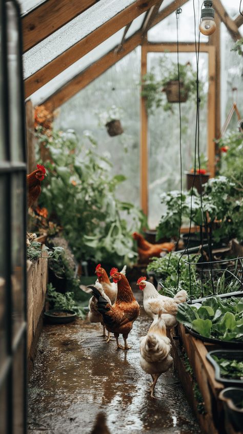 Discover the rustic tranquility of a greenhouse where chickens freely roam amidst lush greenery and dappled sunlight. This serene farm scene captures the peaceful coexistence of nature and rural life. #RusticGreenhouse #FarmLife #Chickens #CountrysideCharm #RuralBliss #NatureTranquility #FarmyardHarmony Farm Stay Aesthetic, Chickens In Backyard, Home Farm Aesthetic, Chickens In Greenhouse, Chickens On A Farm, Vision Board Garden, Farm In The Mountains, Gardening Vision Board, Building A Farm