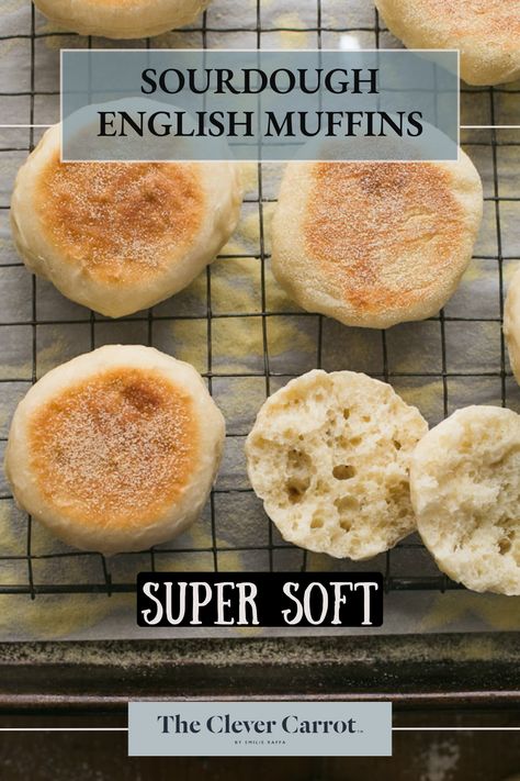 These super soft sourdough English muffins are way better than store-bought. They're 100% all natural and easy to make! #sourdough #bread #sourdoughstarter English Muffin Sourdough Discard, English Muffins With Sourdough Discard, Easy Sourdough English Muffin Recipe, Thomas English Muffins Recipes, Long Ferment Sourdough Muffins, Easy Beginner Sourdough Recipes, Sourdough Starter English Muffins, Sour Dough Discard English Muffins, Discard English Muffin Recipe