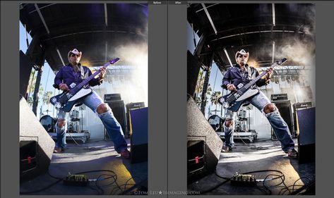 Diptych photos of a guitarist onstage before and after concert photography editing in lightroom Gig Photography Tips, Concert Photography Tips, Edit Concert Photos, Concert Photo Editing, Photography Development, Photo Concert, Editing In Lightroom, Lightroom Tips, Dslr Photography Tips