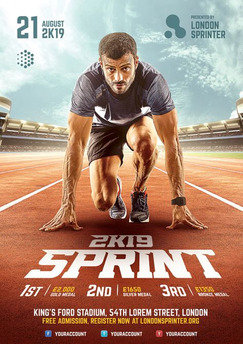 Sprint Run Flyer Template on Behance Sports Ad Design, Running Design Graphic, Advertisment Posters Ideas, Sport Poster Design Inspiration, Sports Creative Ads, Run Poster Design, Running Poster Design, Running Graphic Design, Run Graphic Design