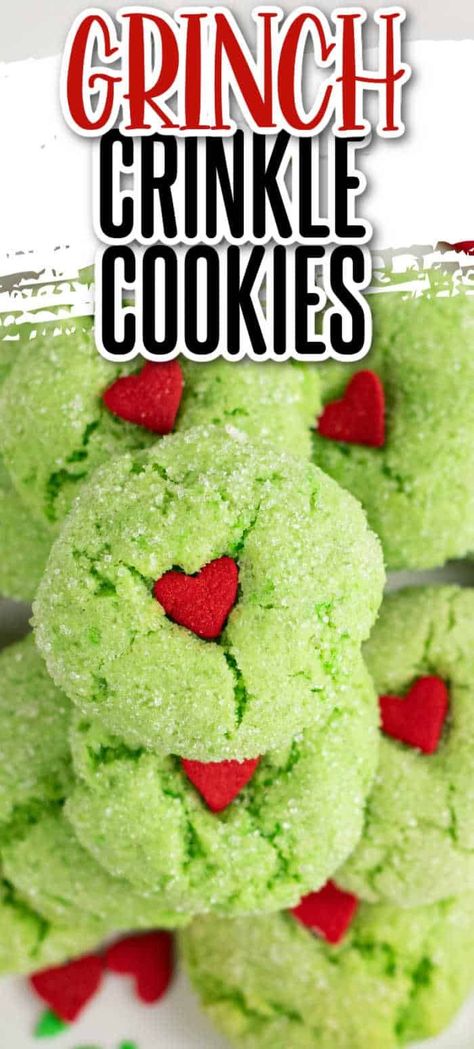 These Grinch crinkle cookies are a delicious soft, minty cookies that are perfect for the holiday season! Whether you're watching your favorite holiday movie, having a Christmas party or cookie exchange these cookies are always a hit! Grinch Crinkle Cookies, Grinch Christmas Cookies, Grinch Cookies Recipe, Recipe Christmas Cookies, Christmas Cookies Kids, Cookie Recipes For Kids, Grinch Cookies, Crinkle Cookies Recipe, Christmas Cookie Recipe