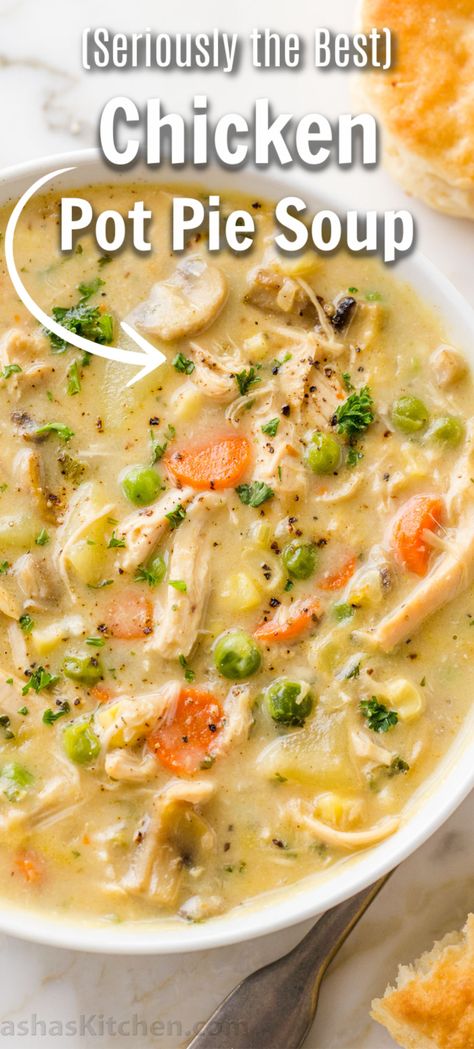 Chicken pot pie soup is so hearty and loaded with tender chicken, potatoes, and veggies. Natashas Kitchen Recipes Chicken Pot Pie, Chicken Pot Pie Chowder, Chicken Pot Pie Soup Natasha's Kitchen, Chicken Pot Pie Soup Video, Unique Chicken Soup Recipes, Chicken Soup Videos, Natasha’s Kitchen, Chicken Soups And Stews, Instant Pot Soups