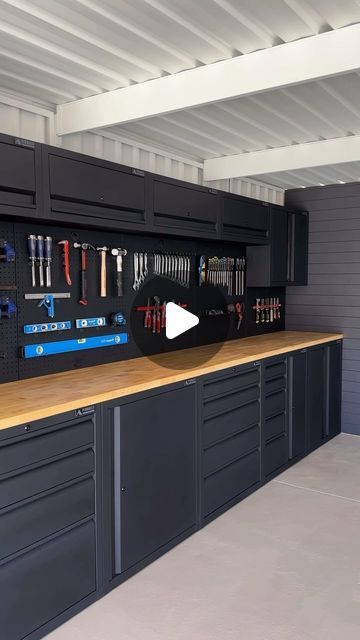 Luke Moore on Instagram: "Transforming our shed into a dream workshop with every bit of storage you could wish for thanks to @pinnaclehardware #bunnings #pinnaclehardware #garagegoals #pinnacleproud #diy" Tool Cupboard Ideas, Neat Garage Ideas, Diy Pantry In Garage, Built In Garage Workbench, Garage Tools Storage, Garage Workshop And Gym Layout, Garage Organization Ideas Storage Diy, Small Motorcycle Workshop Ideas, Uk Garage Ideas