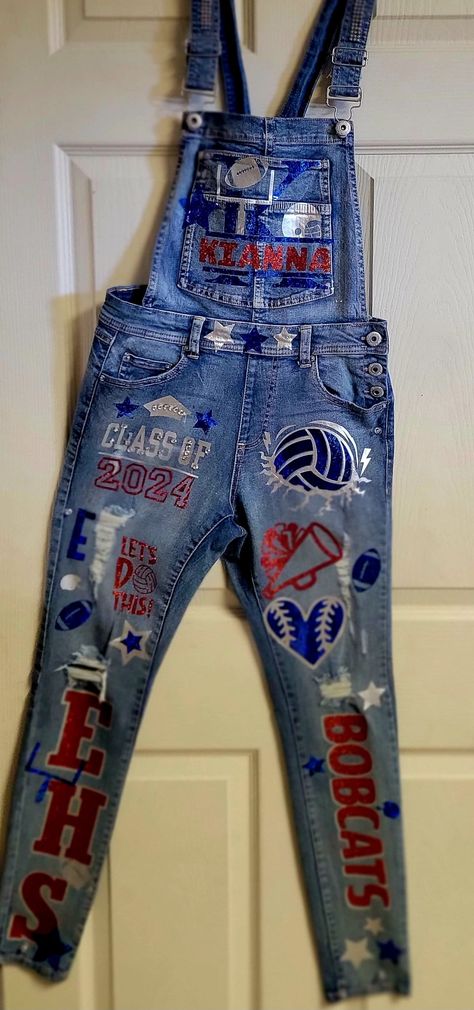 School Spirit Jeans Add your personalization  Our store requires that  customers send the desired jeans through mail. Address and design will be discussed during consultation. Senior Bibs High School, Blue Out School Spirit, School Spirt Pants, High School Senior Overalls, Cute Painted Jeans School Spirit, Spirit Day School Colors Outfit, Diy Spirit Jeans, Overall Design Ideas, Cheer Spirit Jeans