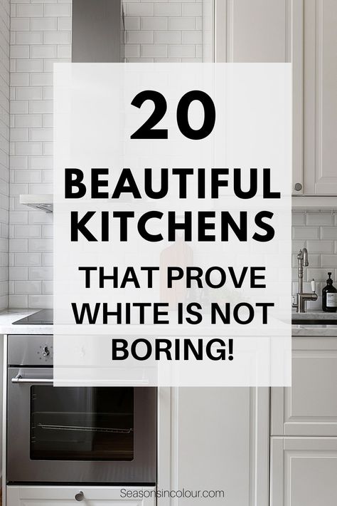 Kitchens are the hub of our homes. There are a lot of trends in kitchens for 2020 and we get it that a lot of people love slightly quirky, colourful kitchens too but white kitchens will never go out of style. Interior designers have always favoured light neutral schemes in kitchens. This is because calming light colours help reduce the noise that is created in a very busy space - think pots and pans and plates in the sink - kitchens are not always tidy! White Kitchen Cabinet Makeover, Kitchen Remodel Shaker Cabinets, Small Modern White Kitchen Ideas, White Kitchen With Brass Accents, Big White Kitchen Modern, Farrow And Ball Shadow White Kitchen, Shades Of White Kitchen Cabinets, Small White Kitchens Modern, White Kitchen Lights