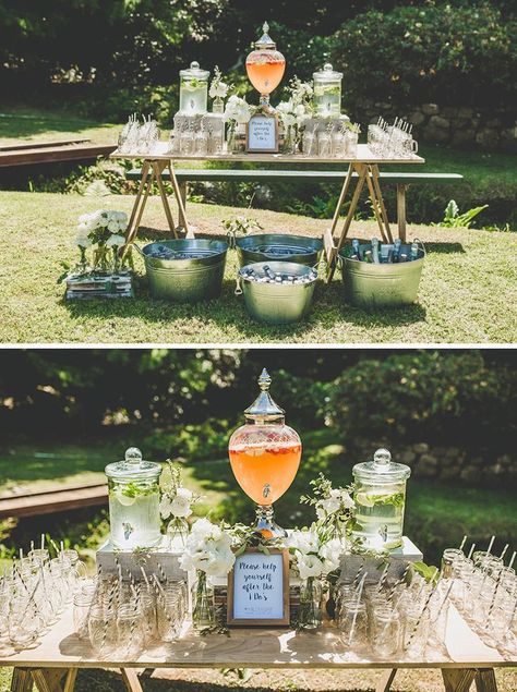 Garden Party Beverage Station, Ceremony Beverage Station, Beer At Wedding Receptions, Outdoor Drinks Station, Non Alcoholic Drink Table Wedding, Drink Tables Party, Drink Buckets For Wedding, How To Serve Drinks At A Wedding, Beverage Bar Wedding