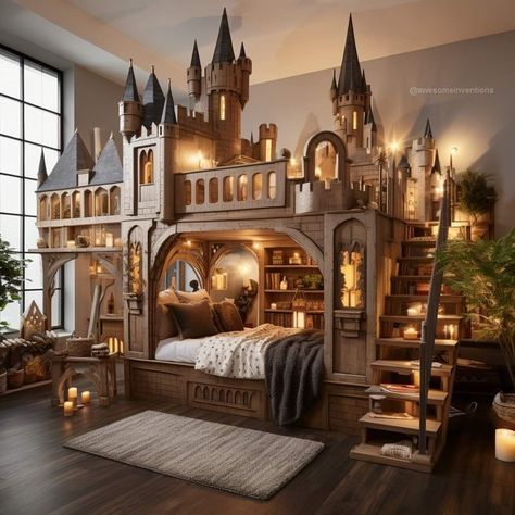 Super Cool Beds, Amazing Beds, Castle Bed, Amazing Bedroom Designs, Harry Potter Room Decor, Harry Potter Bedroom, Dream Bedroom Inspiration, Fantasy Furniture, Kids Room Interior Design