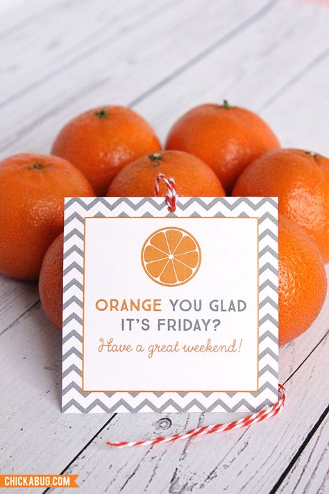 "Orange you glad it's Friday?" - Adorable FREE printables!! Make cute little gifts for teachers, coworkers, and friends! : ) Diy Christmas Gifts For Coworkers, Secret Pal Gifts, Teacher Morale, Staff Appreciation Gifts, Teacher Treats, Secret Pal, Staff Gifts, Employee Appreciation Gifts, Christmas Gifts For Coworkers