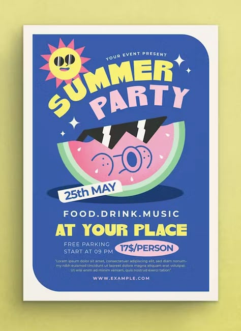 Summer Party Flyer Template AI, PSD Cute Event Poster, Summer Party Graphic Design, Summer Party Poster Design, Flyer Poster Design, Design Flyer Inspiration, Simple Flyer, Summer Party Flyer, Event Flyer Design Layout, Party Graphic