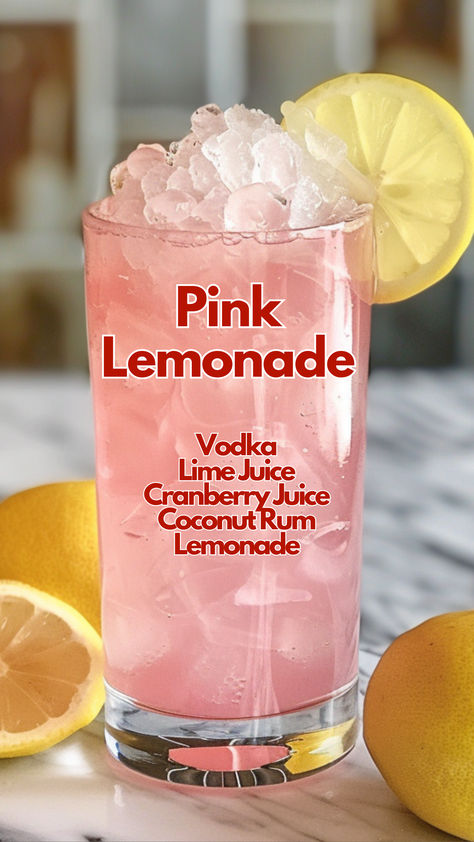 Pink Lemonade Drinks For Parties Alcoholic, Cute Drink Ideas Alcohol, Pink Lemonade Mixed Drink, Cocktails Recipes Pink, Sweet Drinks Alcohol Recipes, Pink Drinks Alcohol Aesthetic, Pink Vodka Lemonade Cocktail, Pink Lemonade Cocktail Recipe, Homemade Cocktails Recipes