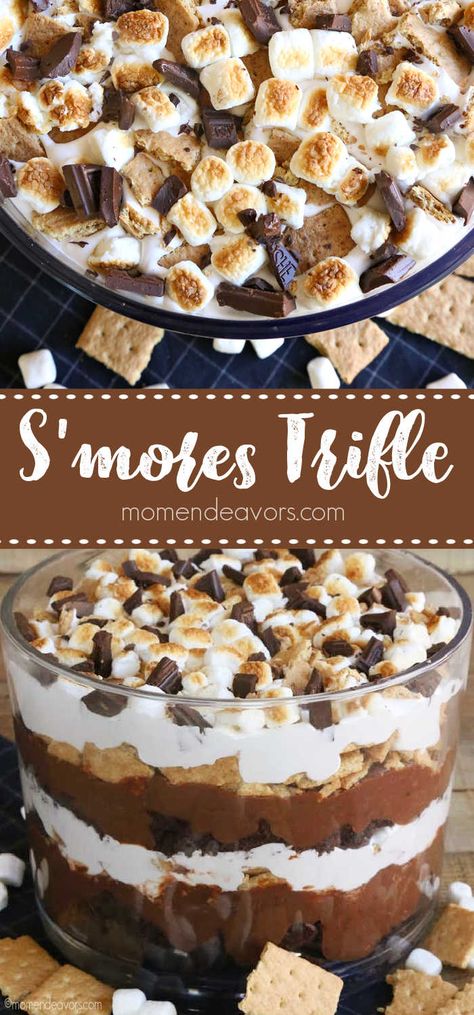 S’mores Trifle Dessert, Layered Fall Desserts, S’more Trifle, Smore Trifle Desserts, Triffle Desserts Brownie, Angel Food Cake Desserts Trifle, Truffle Layer Dessert, Easy Throw Together Dessert, Smores Trifle Recipe