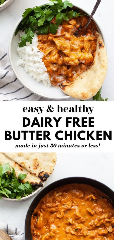 This easy and delicious Indian inspired butter chicken recipe is healthy, made dairy free with coconut milk and cashews (and gluten free too!). A healthy version of a comfort food fave, this paleo-friendly recipe can be made on the stovetop or in the slow cooker! Dairy Free Butter Chicken, Dairy Free Butter, Dairy Free Cooking, Dairy Free Recipes Dinner, Dairy Free Dinner, Butter Chicken Recipe, Gluten Free Dairy Free Recipes, Healthy Dinner Recipes Chicken, Gluten Free Dinner