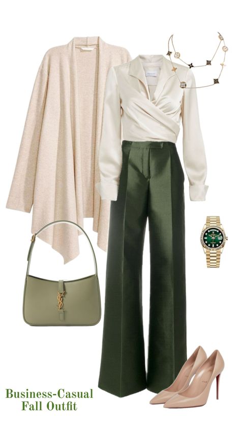 Office outfit - fall 2023. Olive green silk  satin trousers with a silk satin wrap blouse. A cream cardigan with nude heels, olive green bag and golden jewelry. Professional Fall Outfits, Satin Outfit Ideas, Green Blouse Outfit, Green Trousers Outfit, Green Bag Outfit, Fall Outfit 2023, Emerald Green Outfit, Green Outfits For Women, Satin Blouse Outfit