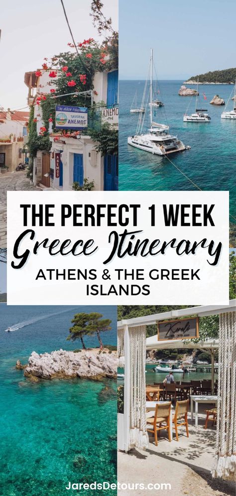 If you're heading to Greece and want to check out some hidden Greek Islands, this is the Greece travel itinerary for you! Our Greece itinerary covers Athens and some lesser-known yet beautiful islands like Skiathos, Skopelos, Loutraki, and Glossa. Click through now to plan your Greece travel, one of the best Europe destinations. One Week In Greece, Greece Travel Itinerary, Greek Islands Vacation, Greece Itinerary, Greek Vacation, Greece Trip, Greek Travel, Places In Greece, Greece Travel Guide