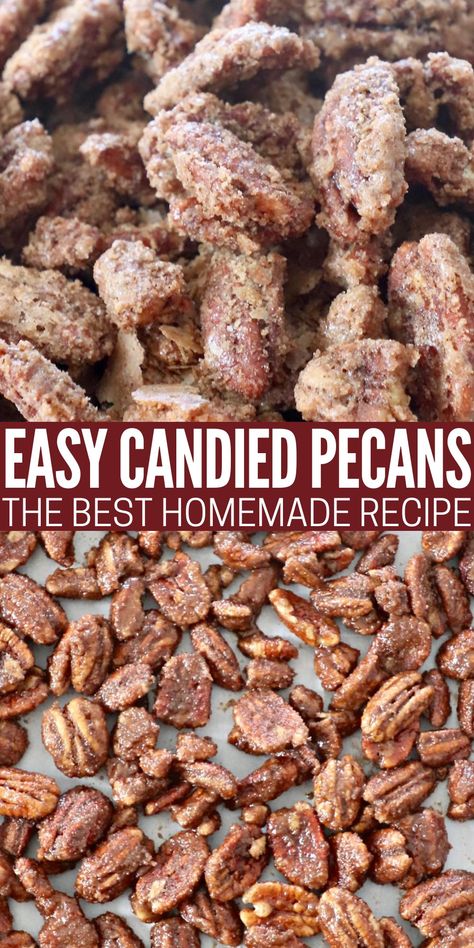 Learn how to make the best Candied Pecans with this quick and easy recipe! It only takes 10 minutes of prep time to make this sweet and salty, crunchy snack. They're delicious on their own, or served on top of a salad! How To Make Candied Pecans Recipe, Candied Pecan Pieces, Sweet And Salty Roasted Pecans, Candy Pecans Recipe Easy Oven, The Best Candied Pecans, How To Make Candy Pecans, Buccees Pecans, How To Make Praline Pecans, Maple Glazed Pecans Recipe