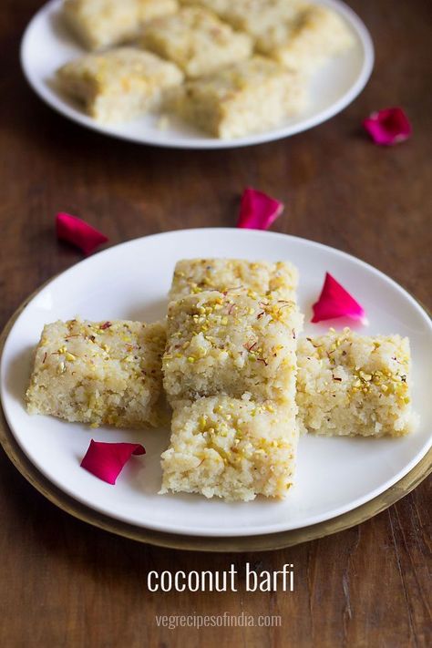 Coconut barfi recipe -  Delicious coconut barfi made from fresh grated coconut, khoya, ghee and milk. Coconut Barfi Recipe, Kalakand Recipe, Coconut Burfi, Diwali Sweets Recipe, Burfi Recipe, Diwali Sweets, Gulab Jamun, Sweet Dishes Recipes, 15 Minute Meals