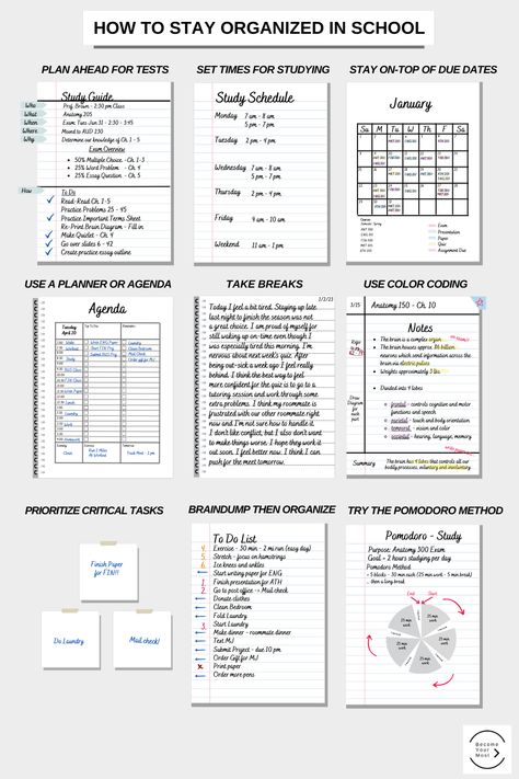 How To Stay Organized in School University Study Planner, Study Tips Organization, How I Take Notes Study Tips, Studying Set Up Aesthetic, Organisation Tips School, How To Organize A Journal, Study Task Planner, How To Organise Your School Planner, Planner School Organization