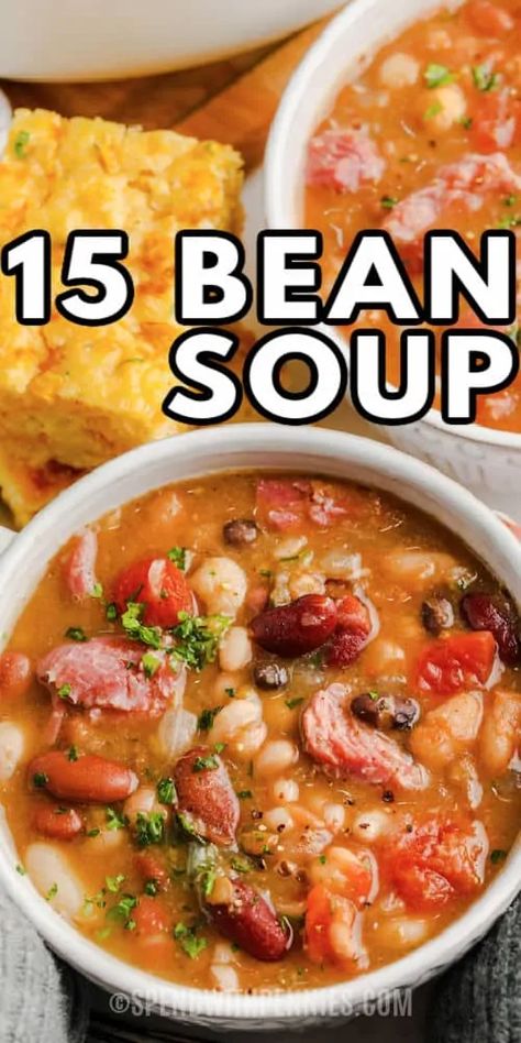 Super savory and warming, Hurst's Hambeens 15 Bean Soup makes lunch or suppertime easy on the cook! With 15 different kinds of beans, what's not to love? #spendwithpennies #15beansoup #recipe #beansouprecipe #stovetop #withsausage #hambeens #seasoning #withhambone #best #easy Fifteen Bean Soup Recipes, 13 Bean Soup Recipe With Ham, 15 Bean Soup Recipe Stove Top, 15 Bean Soup Stovetop, 16 Bean Soup Recipe, 10 Bean Soup Recipe, 15 Bean Soup With Ham, Recipe For Ham And Bean Soup, 13 Bean Soup Recipe