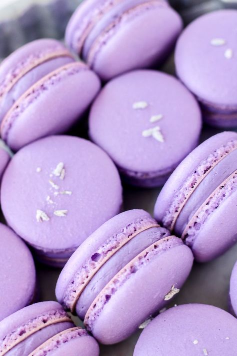 Blackberry Macarons, Lavender Macaron, Blackberry Buttercream, Purple Desserts, Lavender Macarons, Lavender Cupcakes, Macaron Template, Crystallized Ginger, Violet Pastel