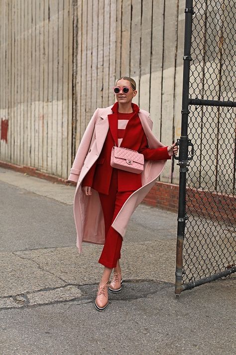 Blair Eadie, Woman In Red, Hijab Look, Color Blocking Outfits, Red Suit, Pink Coat, Red Pants, Red Outfit, Colourful Outfits