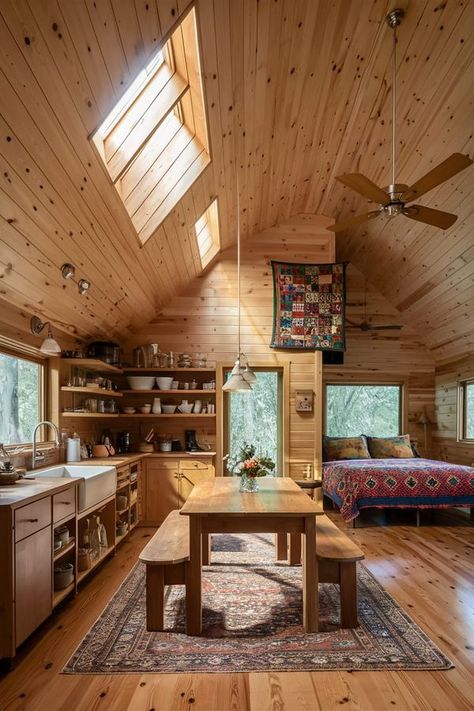 Tiny Houses and Affordable Homes | A space for a hot cup of coffee with good memories | Facebook Loft Cabin Interior, Wood House Inside, Wood Home Interior Design, Barndominium Ideas Cottage, Tiny Cabin Aesthetic, Swedish Home Interior, Tiny Homes A Frame, Tiny Home On Land, Feminine Cabin Decor